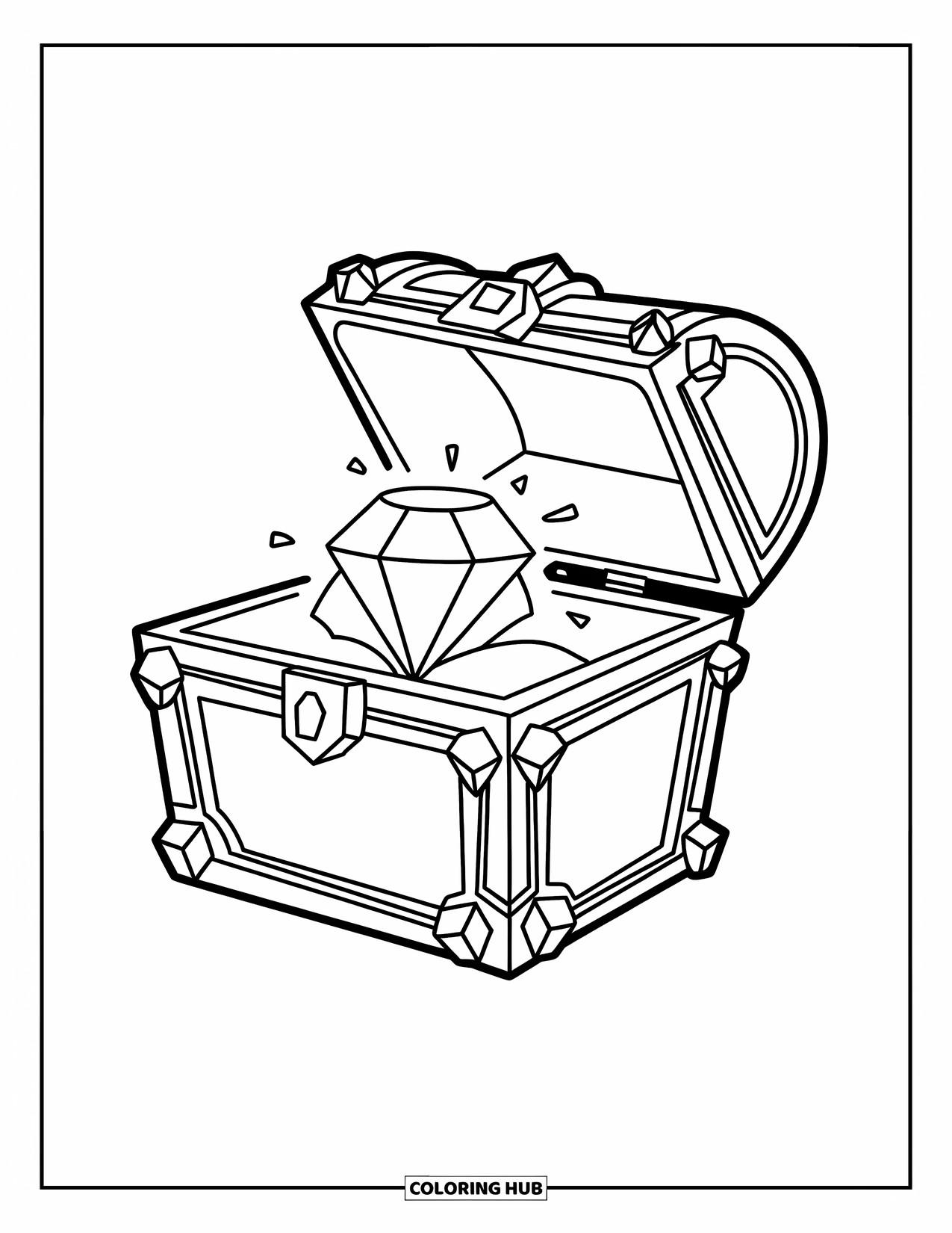 Letter G Coloring Page for Kids: Treasure chest with sparkling gem and bold decorative crystals