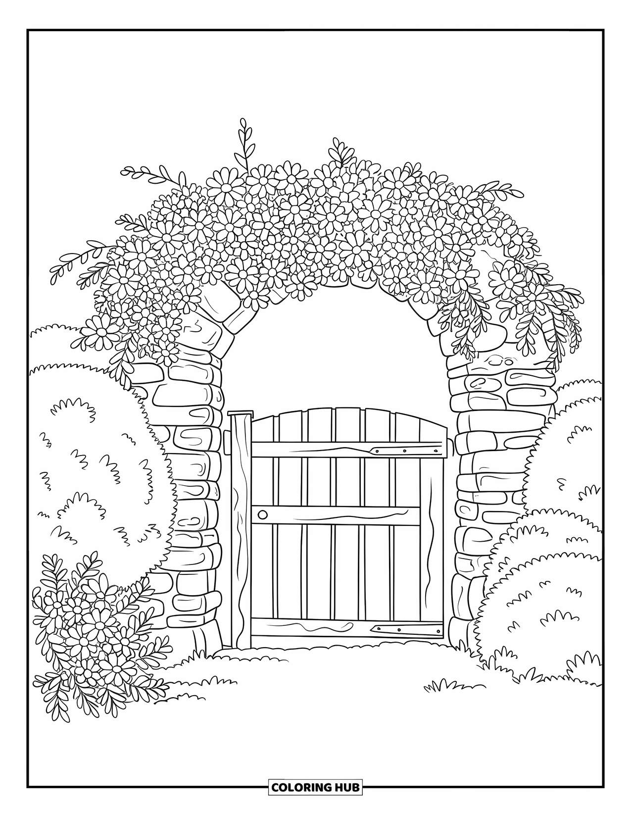 Letter G Coloring Page for Kids: Wooden gate leading to a flower-filled stone archway