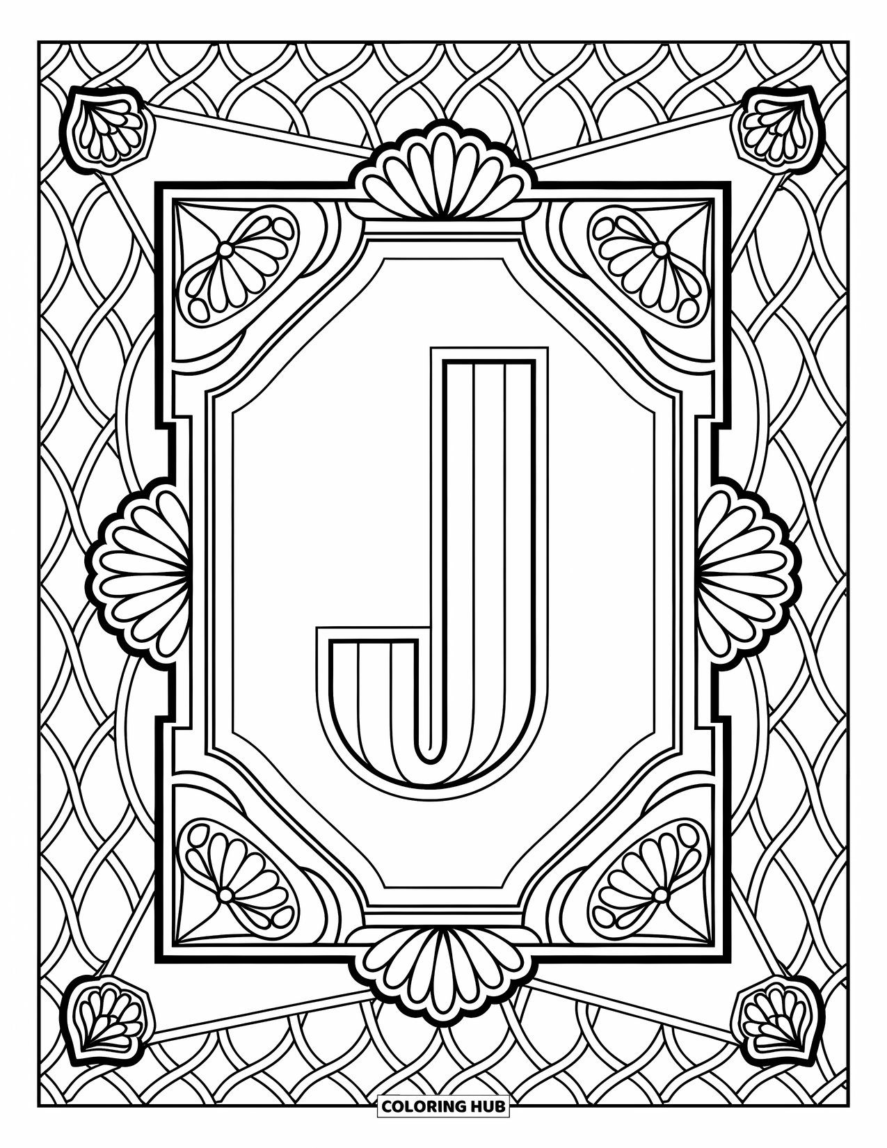 Letter J Coloring Page for Adults: Art deco frame with scrolls and small Js wrapped around a central J