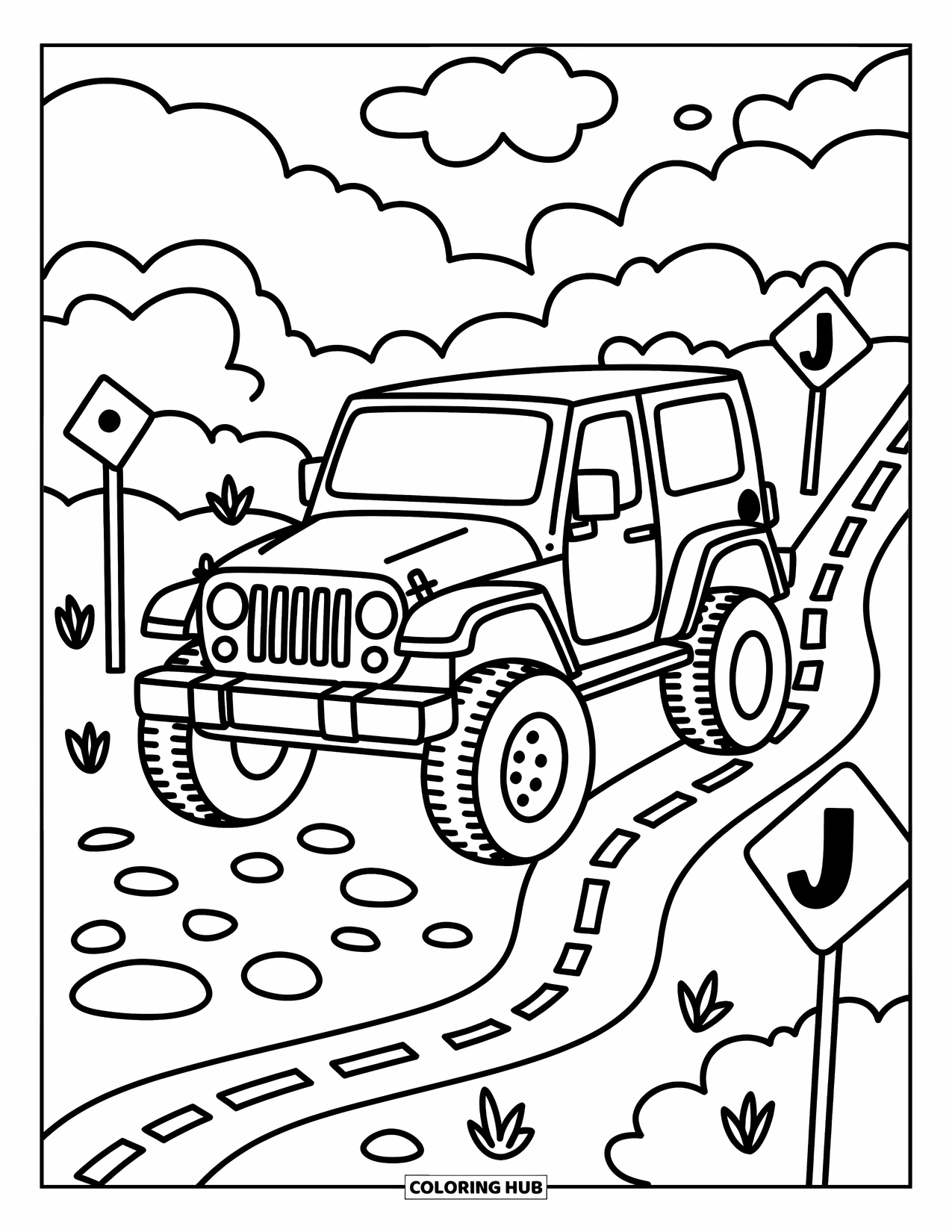 Letter J Coloring Page for Adults: Cheerful jeep with big wheels rides beside a trail marked with J