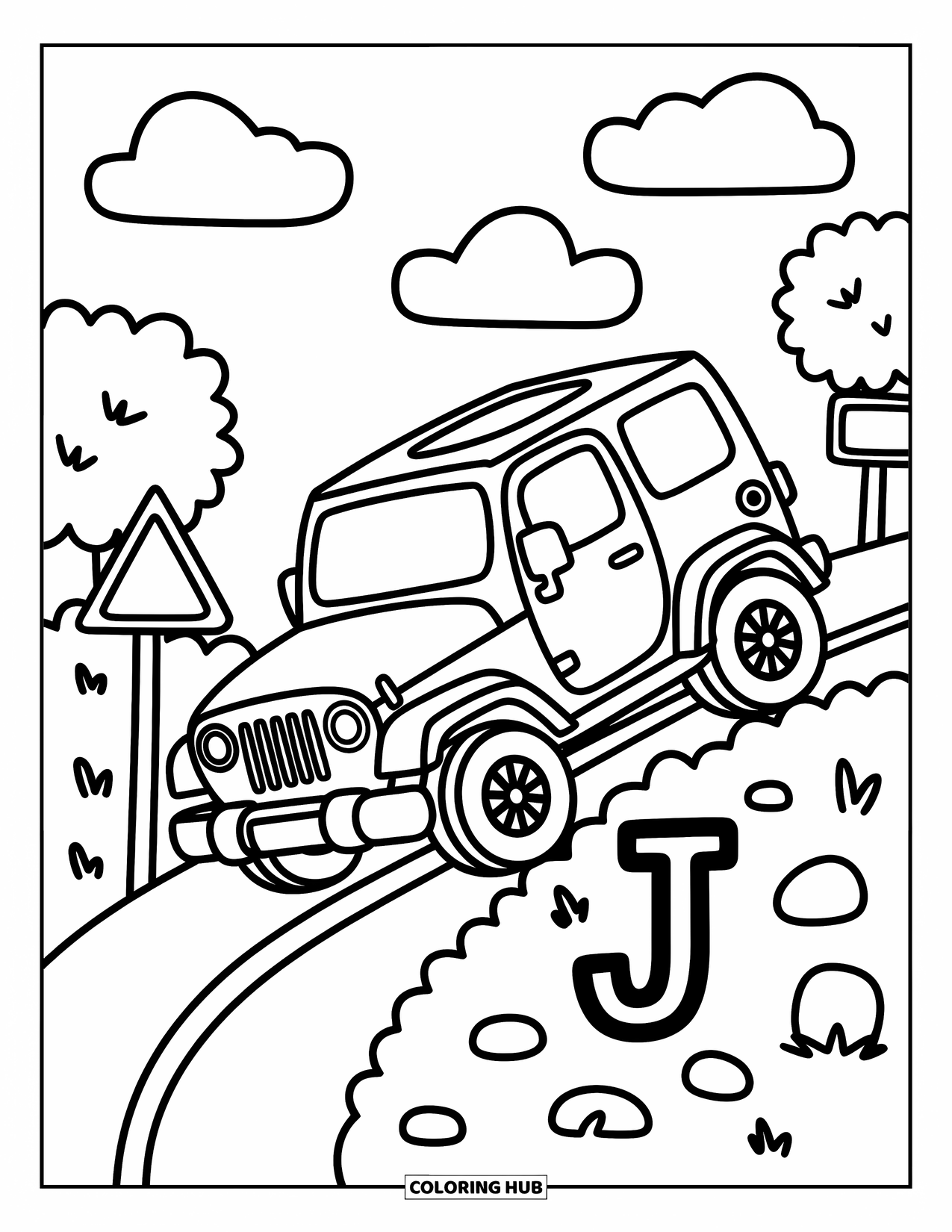 Letter J Coloring Page for Adults: Cute jeep follows a J trail through bushes, pebbles, and puffy clouds
