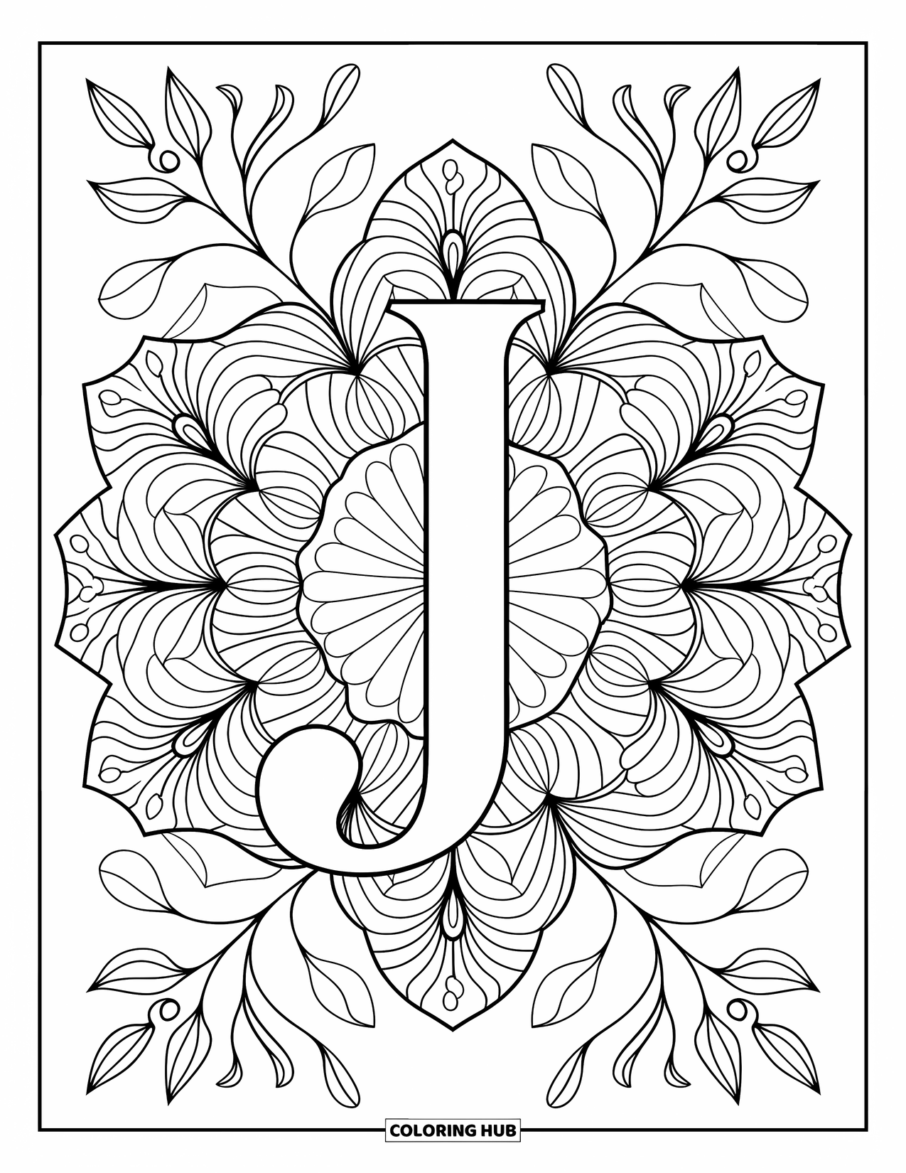 Letter J Coloring Page for Adults: Floral mandalas and gentle leaves create a calming frame for J