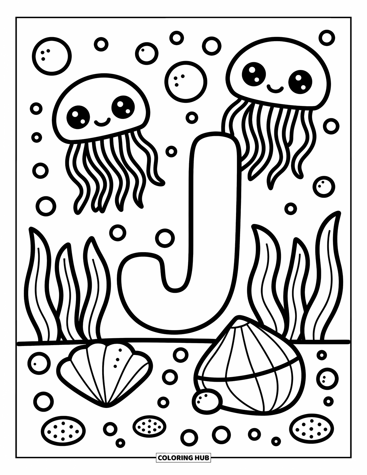 Letter J Coloring Page for Adults: J among floating jellyfish, seashells, and wavy seaweed on the ocean floor