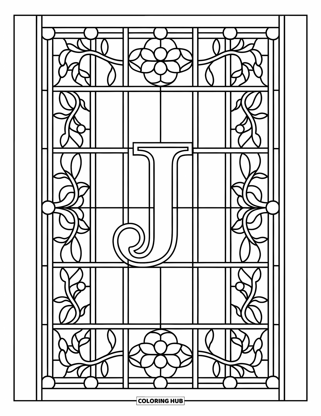 Letter J Coloring Page for Adults: J centered in a stained glass window filled with vines and floral panes