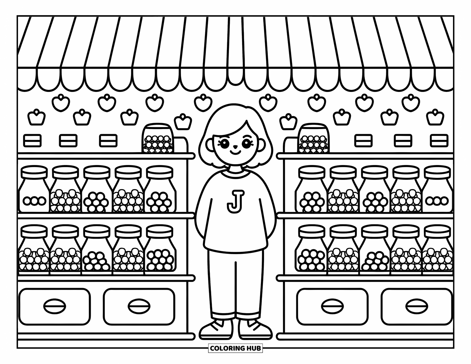 Letter J Coloring Page for Adults: J in a cute candy shop scene with jelly jars and striped awnings