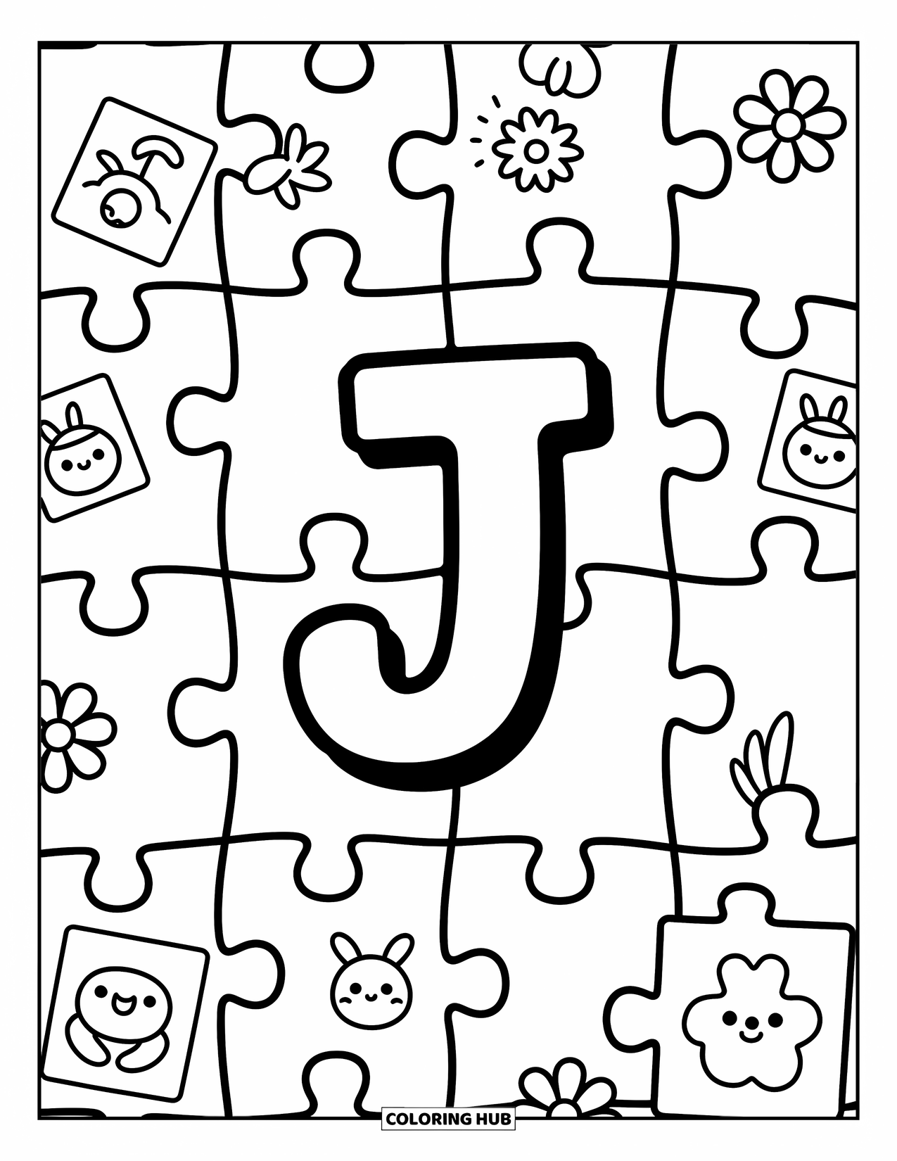 Letter J Coloring Page for Adults: J in a jigsaw puzzle surrounded by cute mini pieces and soft doodles