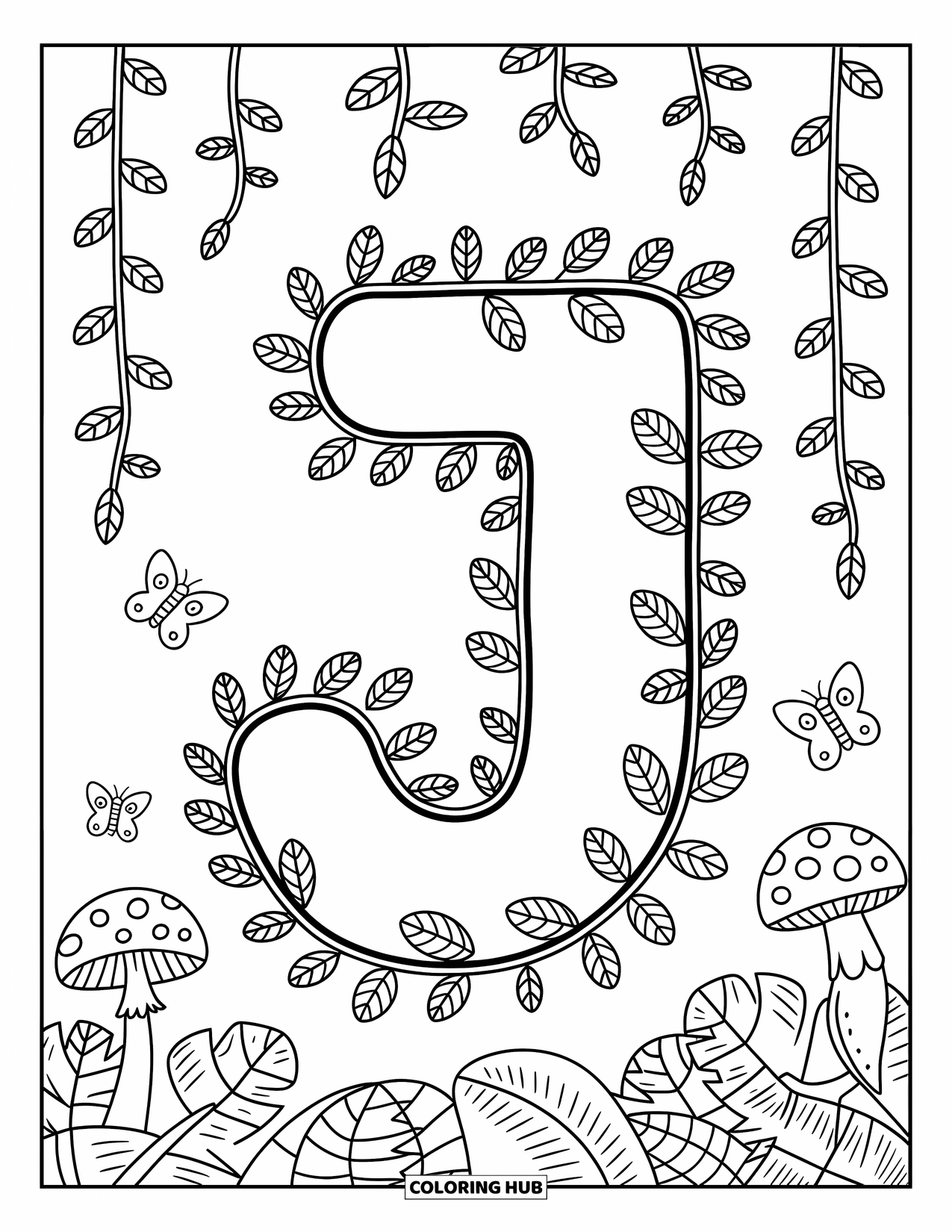 Letter J Coloring Page for Adults: J nestled in a leafy jungle with butterflies, mushrooms, and gentle vines