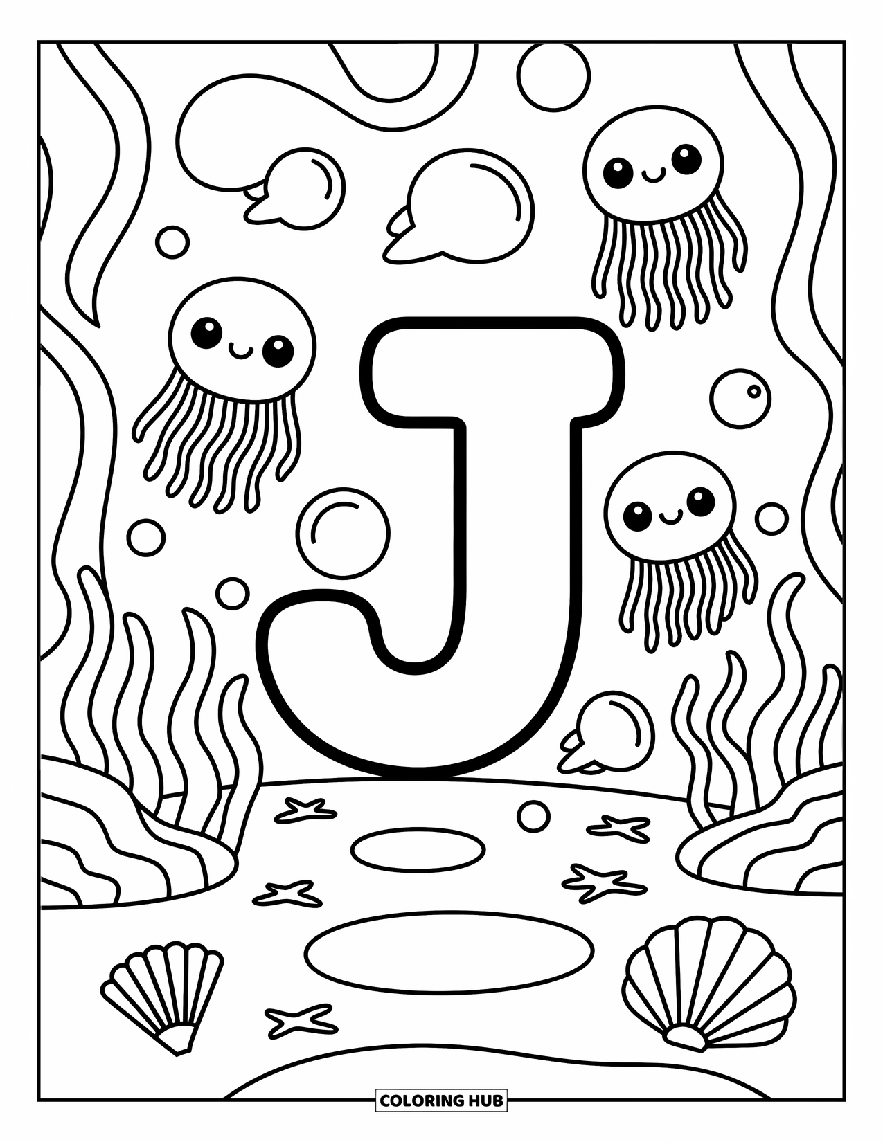 Letter J Coloring Page for Adults: J surrounded by jellyfish, seaweed, and bubbles in a peaceful ocean scene