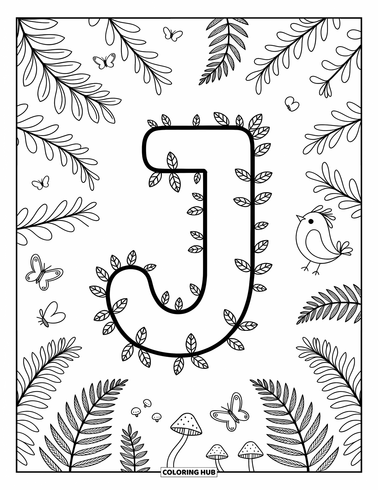 Letter J Coloring Page for Adults: J wrapped in leaves and vines with cute jungle bugs, birds, and ferns