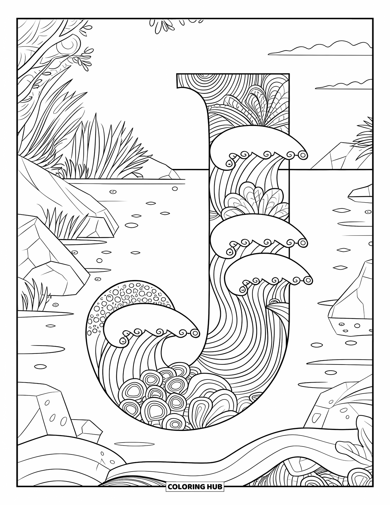 Letter J Coloring Page for Adults: Relaxing J made of zen-inspired lines, swirls, and garden pebbles