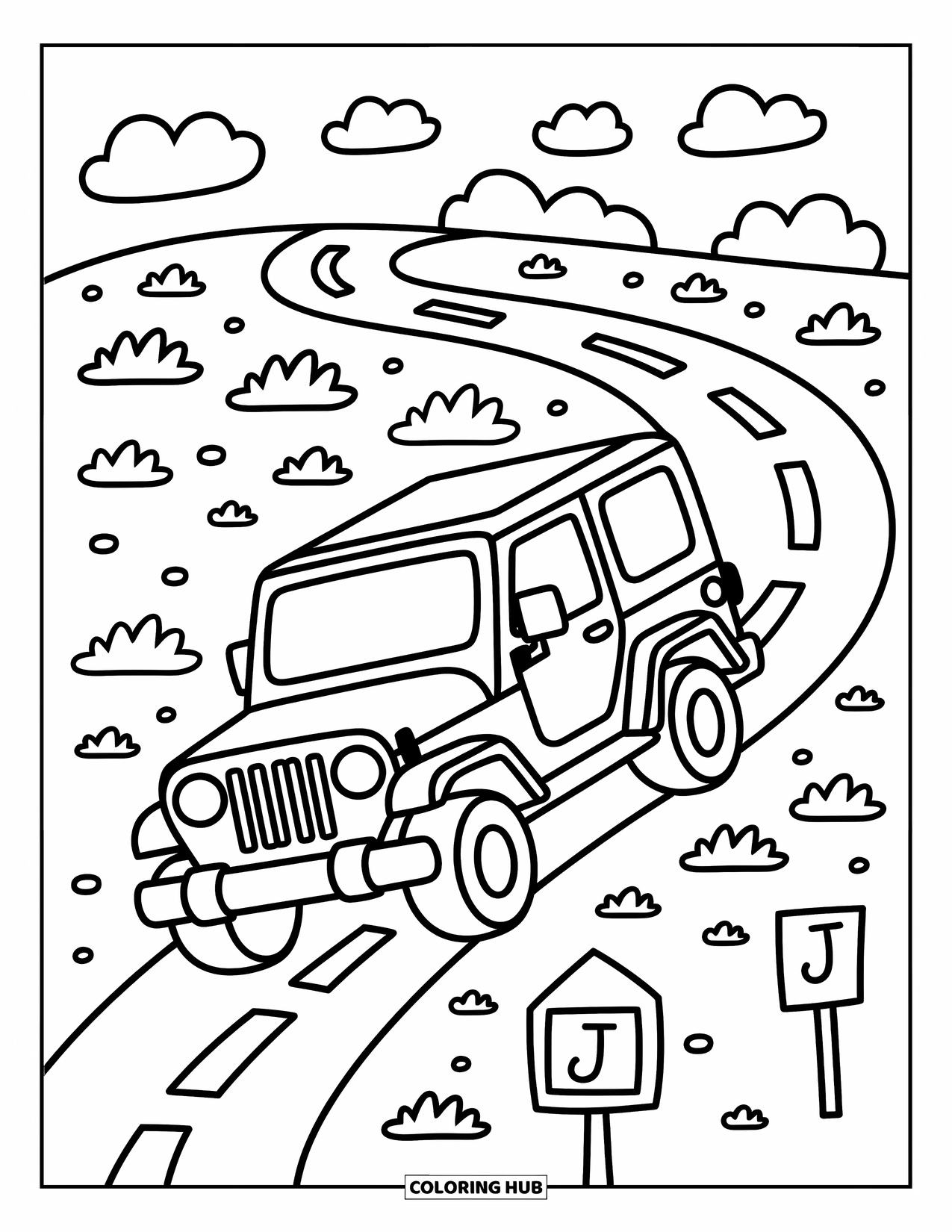 Letter J Coloring Page for Adults: Smiling jeep drives up a winding trail shaped like a J