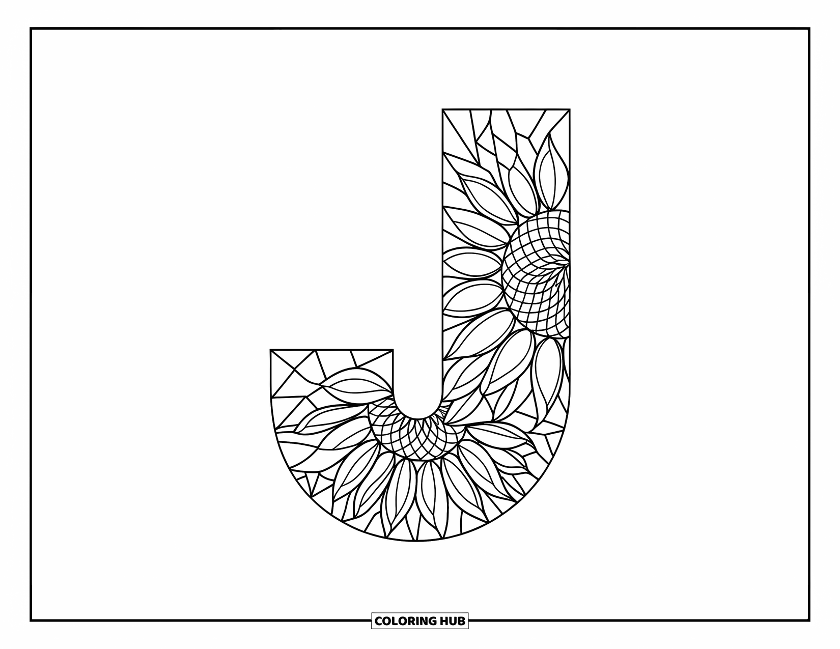 Letter J Coloring Page for Adults: Sunflower petal J in a radiant, stained glass-inspired layout
