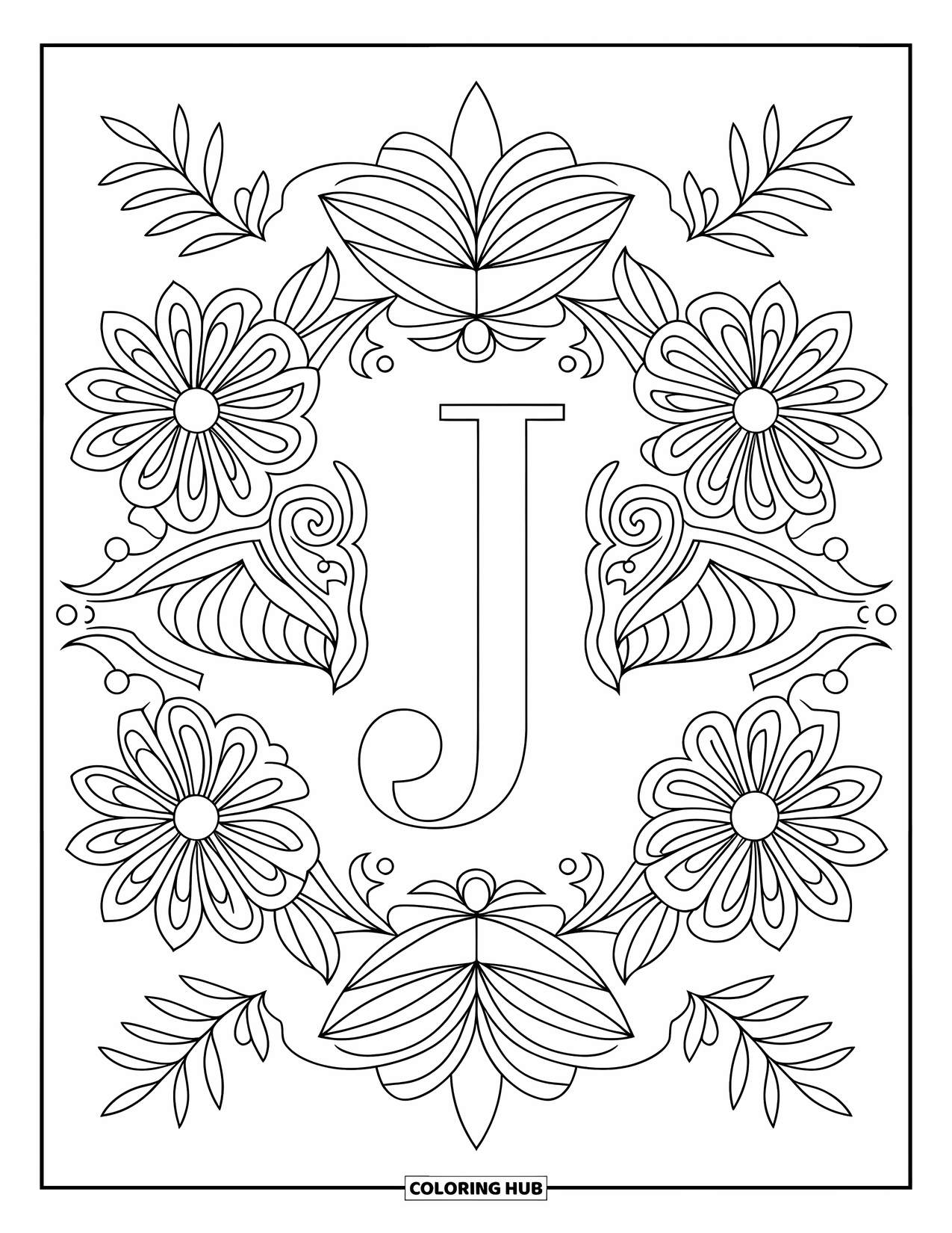 Letter J Coloring Page for Adults: Symmetrical mandala flowers and soft leaves encircle the letter J