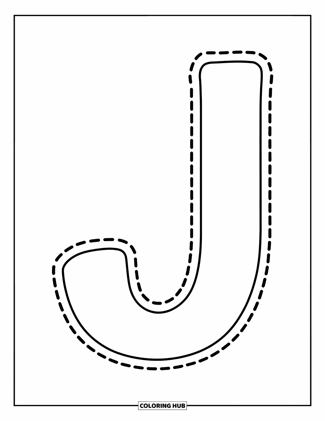 Letter J Coloring Page for Kids: Big dotted J in uppercase for tracing practice