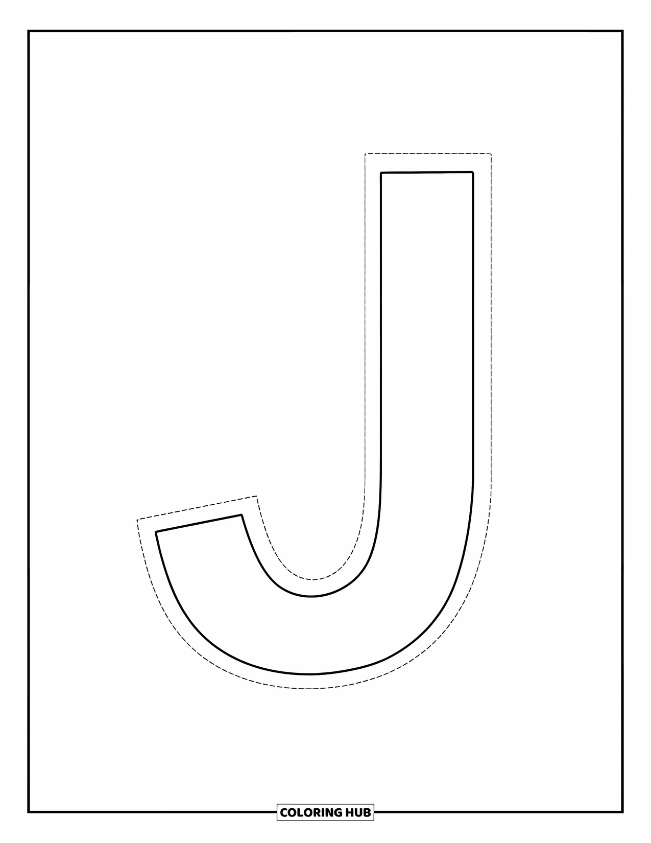 Letter J Coloring Page for Kids: Big J with dotted lines, perfect for preschool tracing time
