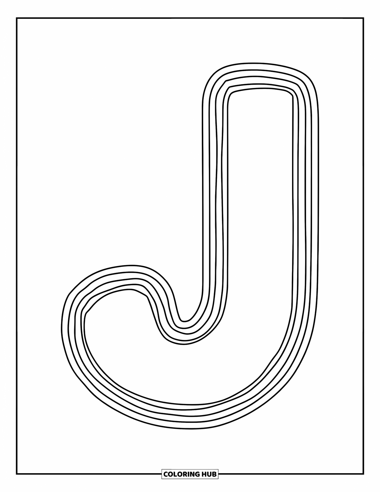 Letter J Coloring Page for Kids: Big uppercase J with bold outlines, easy and fun for preschoolers to color