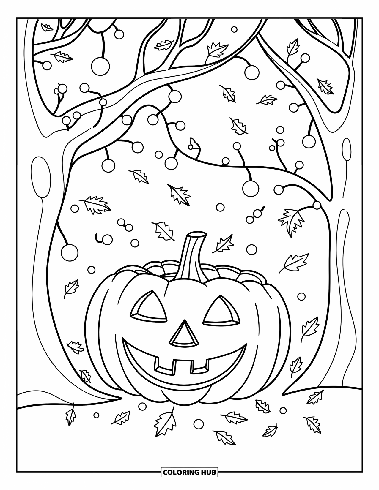 Letter J Coloring Page for Kids: Happy jack-o'-lantern glowing among fall leaves, tree branches, and cozy autumn lights
