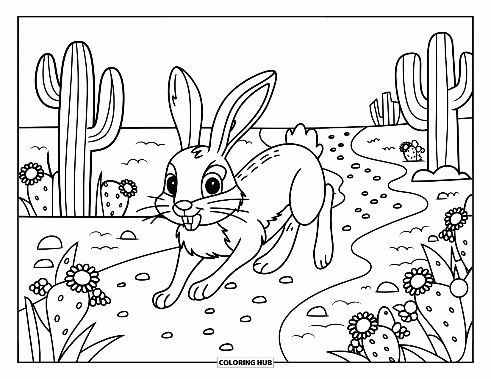 Letter J Coloring Page for Kids: Jackrabbit bounding through a desert path lined with cacti, flowers, and small rocks