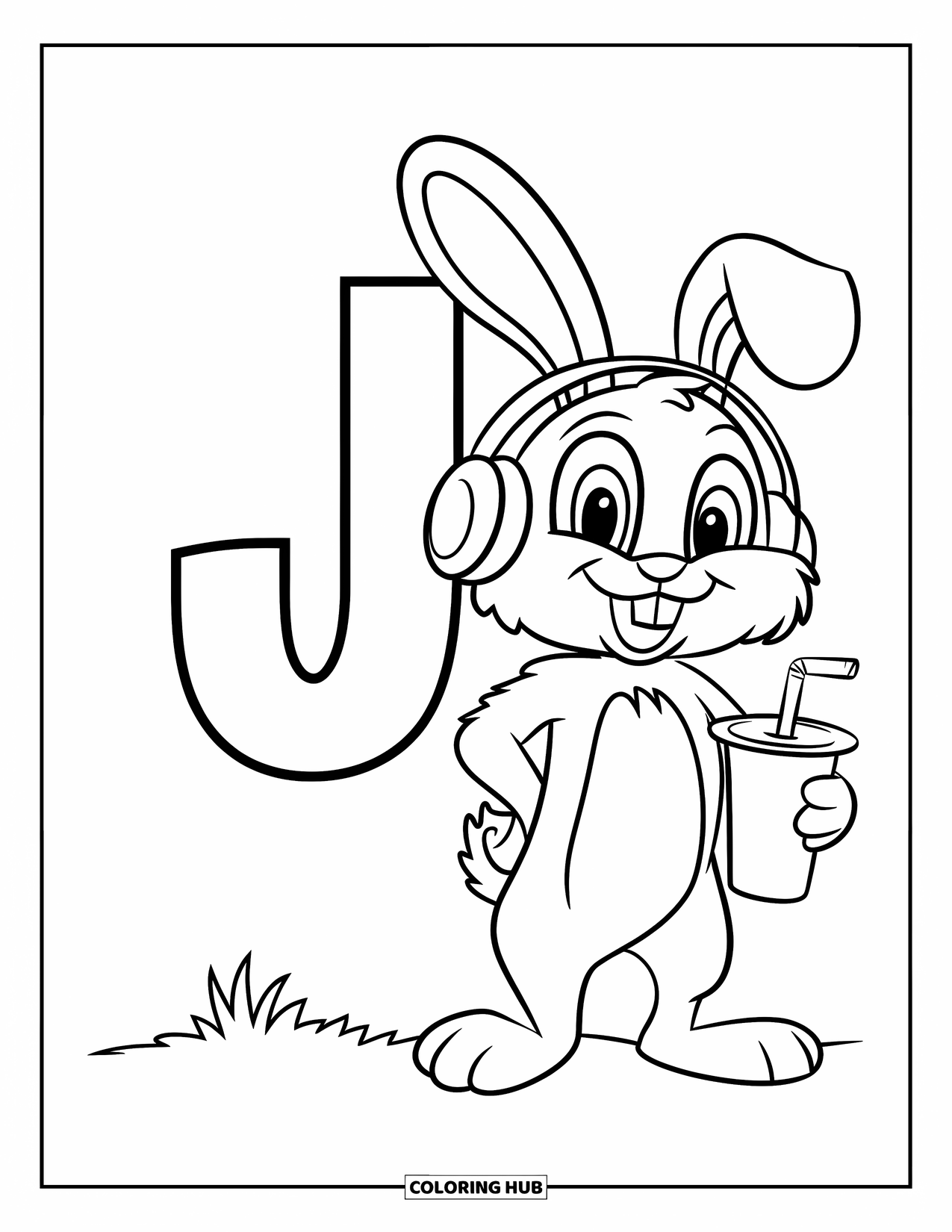 Letter J Coloring Page for Kids: Jackrabbit sipping juice with headphones beside the letter J