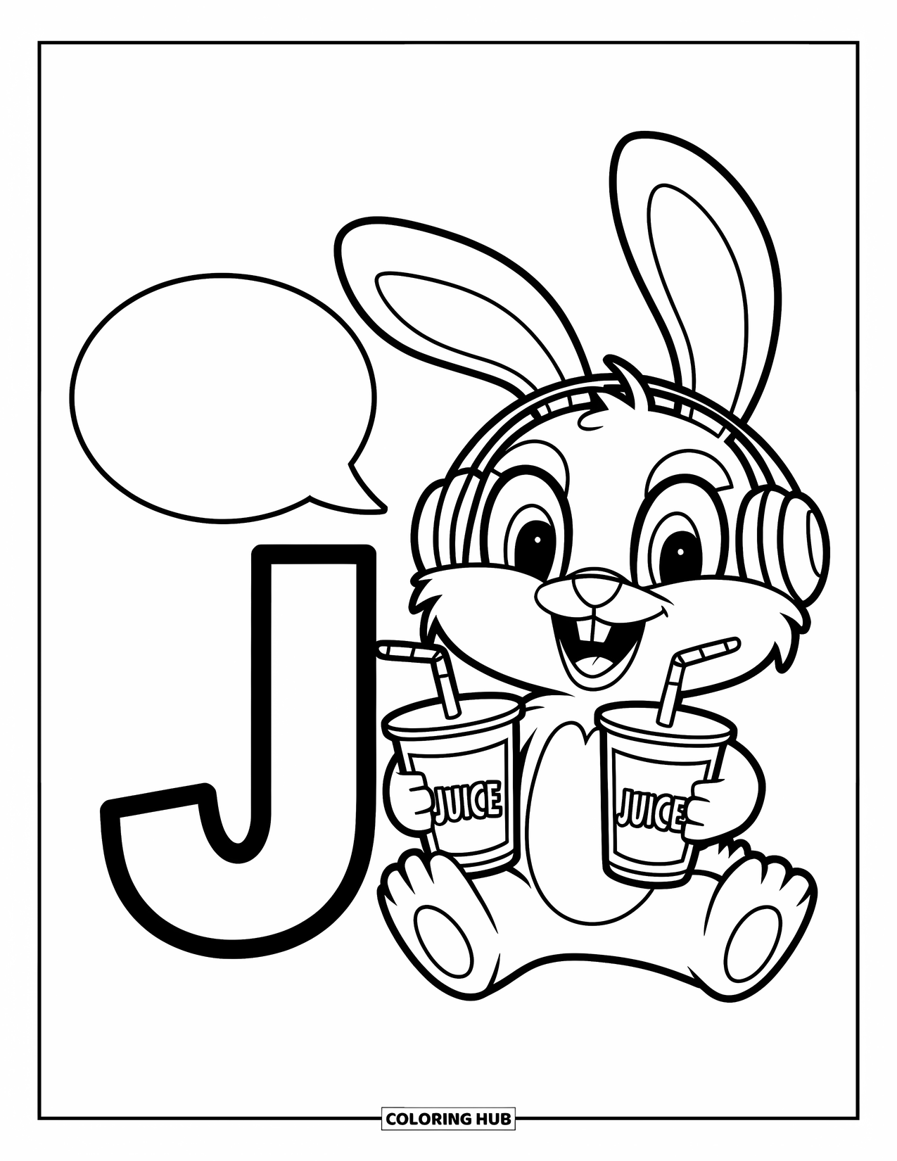 Letter J Coloring Page for Kids: Jackrabbit with headphones and juice cups hanging out next to J