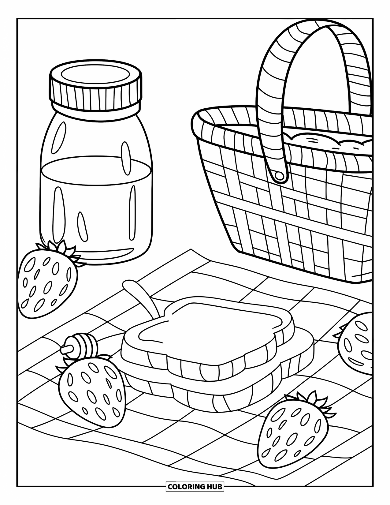 Letter J Coloring Page for Kids: Jam jar with toast, strawberries, honey dipper, and a basket on a picnic cloth