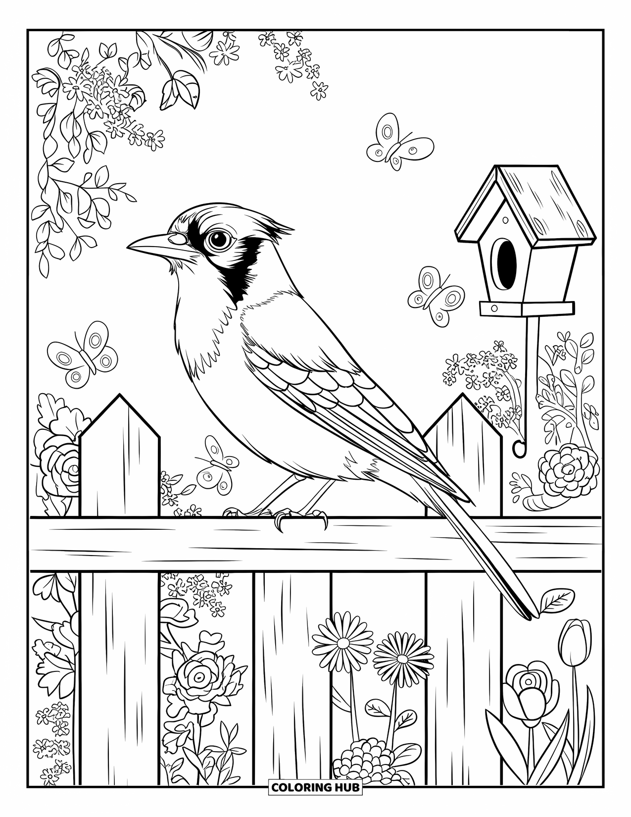 Letter J Coloring Page for Kids: Jaybird resting on a weathered fence with flowers, butterflies, and a sunny garden