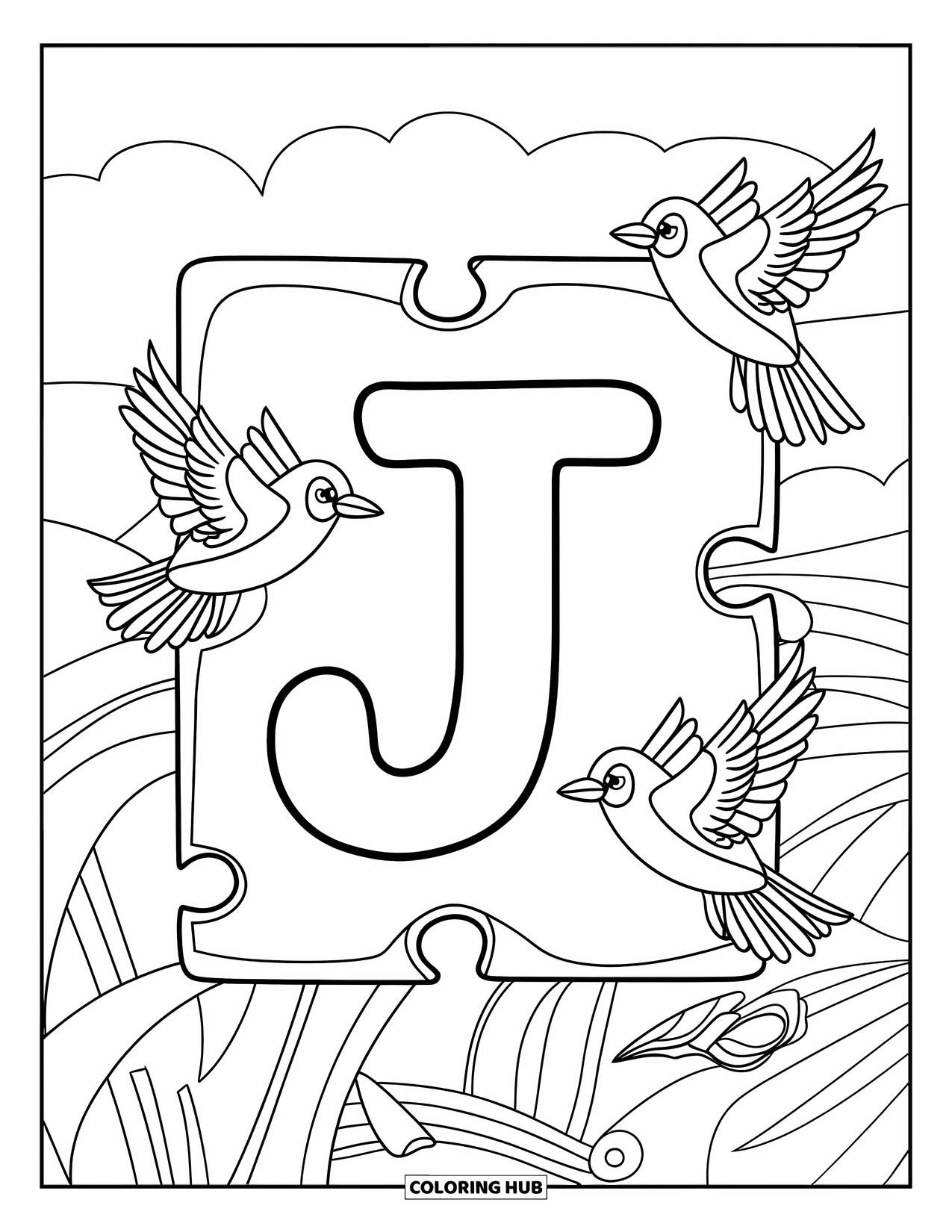 Letter J Coloring Page for Kids: Jaybirds fly around a jigsaw J in a fun and simple scene