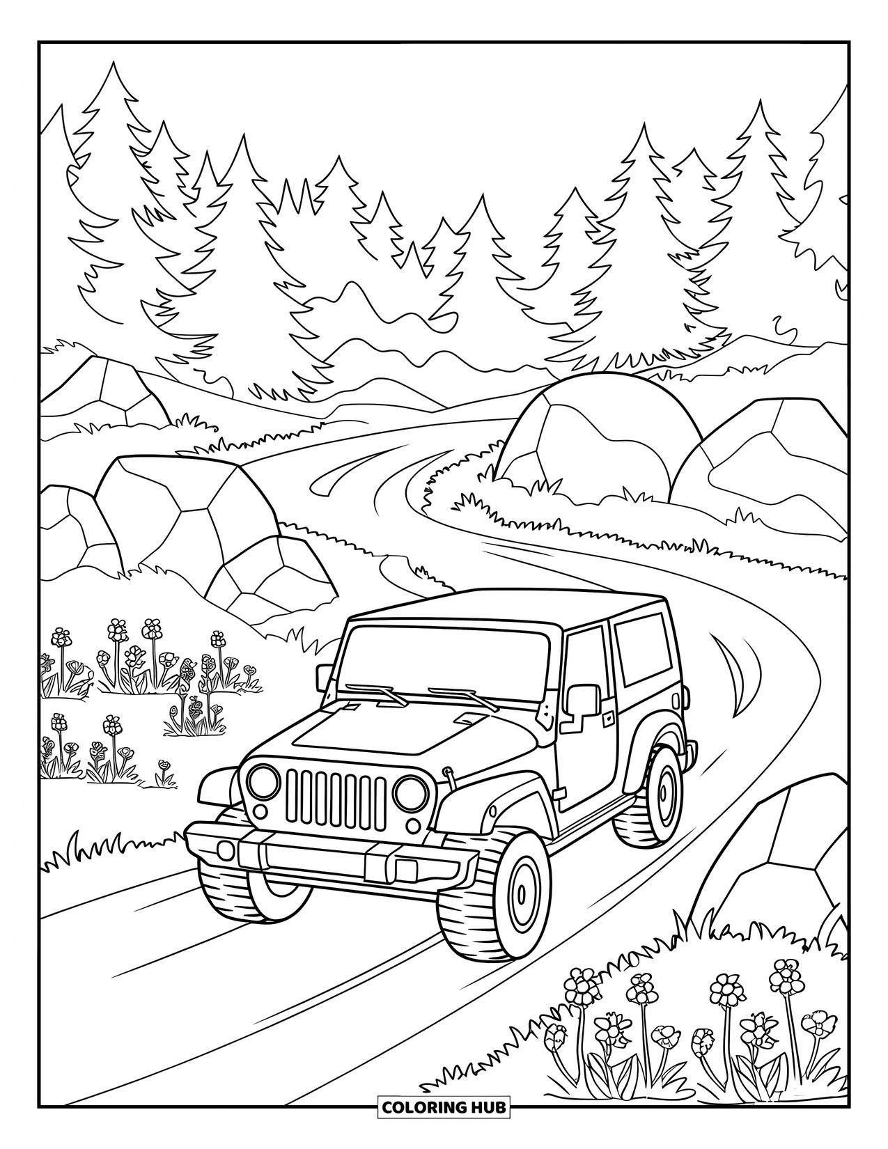 Letter J Coloring Page for Kids: Jeep driving a bumpy forest trail surrounded by pine trees, rocks, and wildflowers
