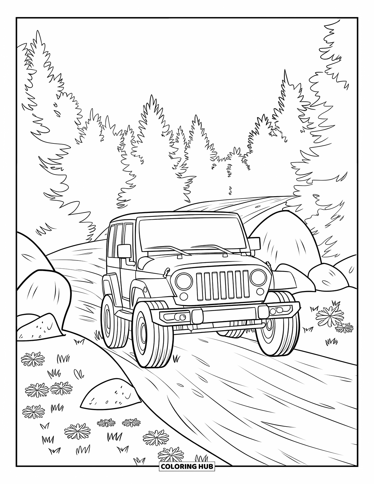 Letter J Coloring Page for Kids: Jeep rolling over rocks on a forest trail with wildflowers and tall pine trees