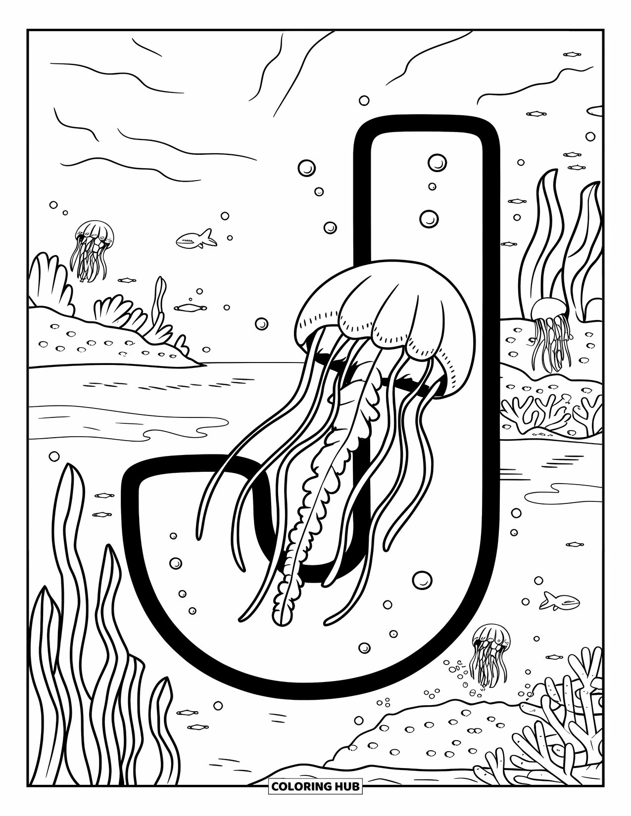 Letter J Coloring Page for Kids: Jellyfish and seaweed float near a large letter J underwater