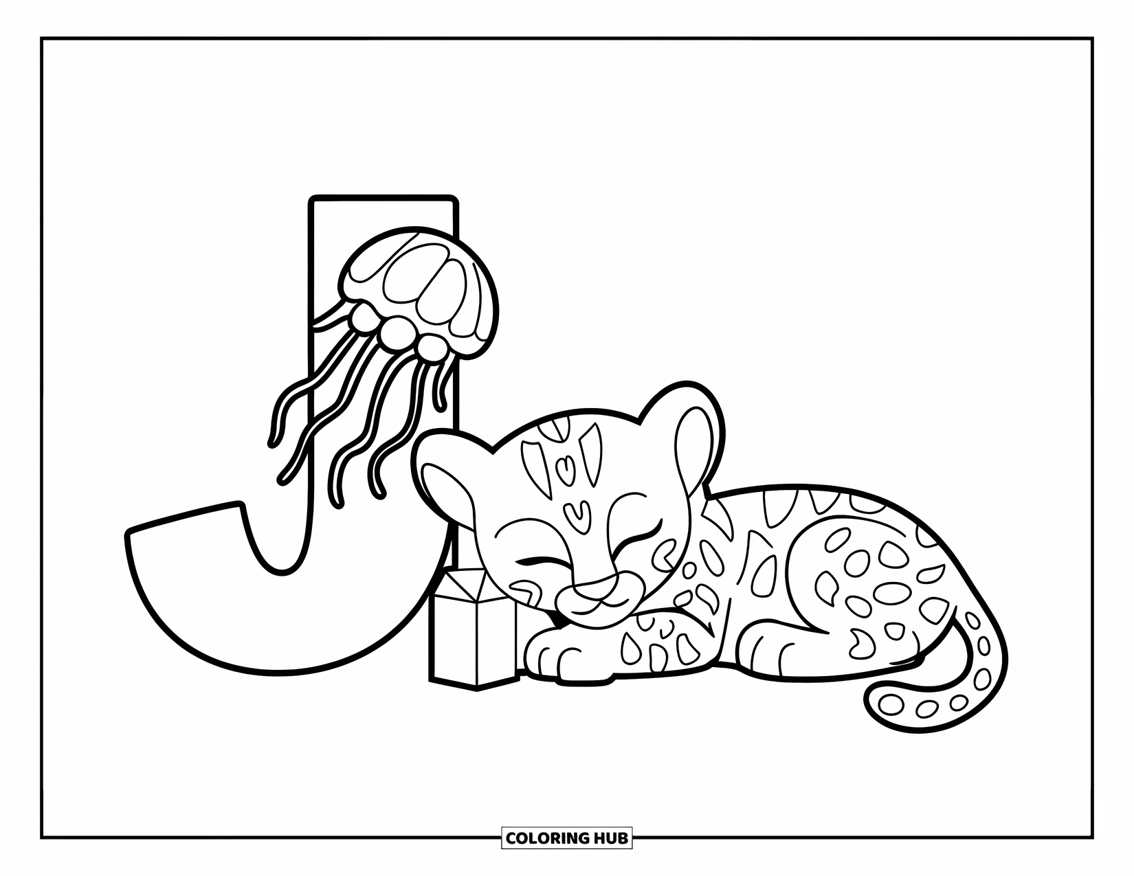 Letter J Coloring Page for Kids: Jellyfish swims beside J, and jaguar cub curls up with juice
