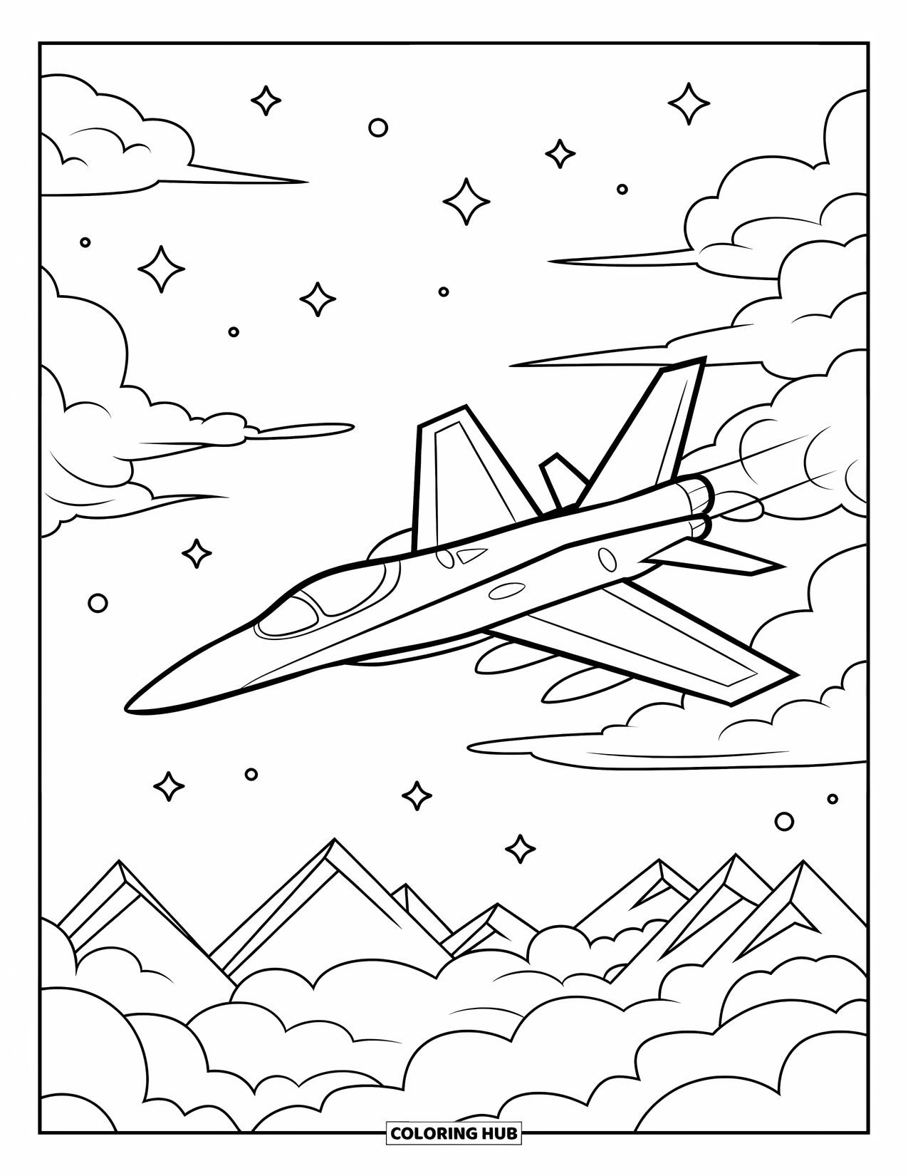 Letter J Coloring Page for Kids: Jet soaring through clouds above mountains and stars in the night sky