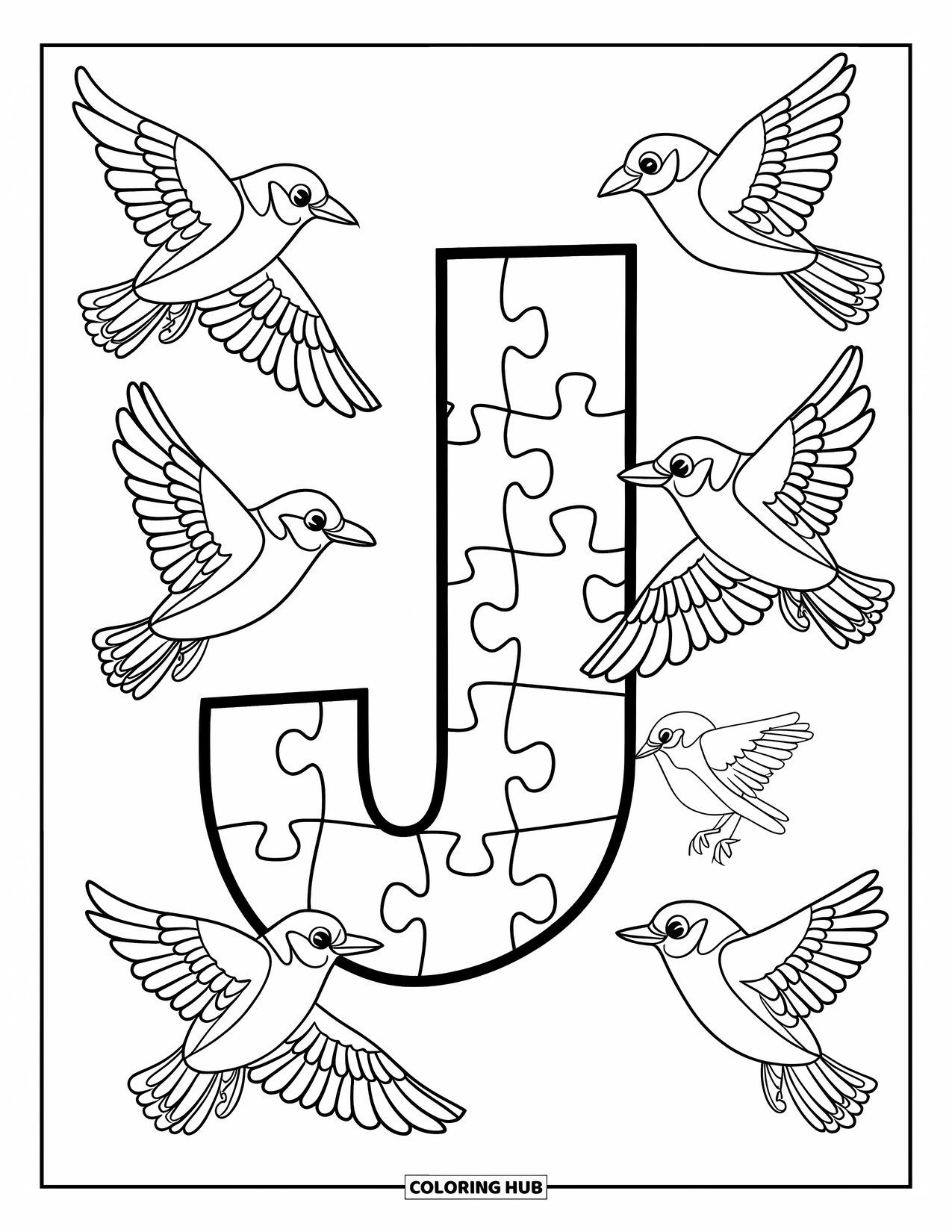 Letter J Coloring Page for Kids: Jigsaw-shaped J with cheerful jaybirds flying around it
