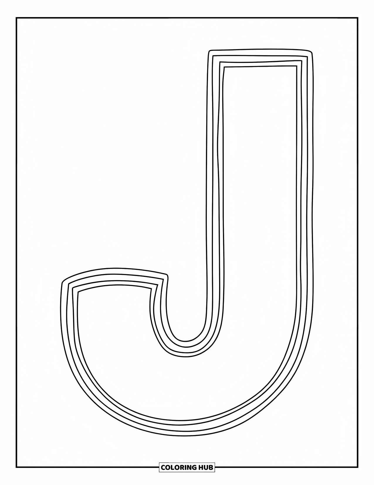 Letter J Coloring Page for Kids: Large uppercase J with thick lines, cheerful and simple for little learners
