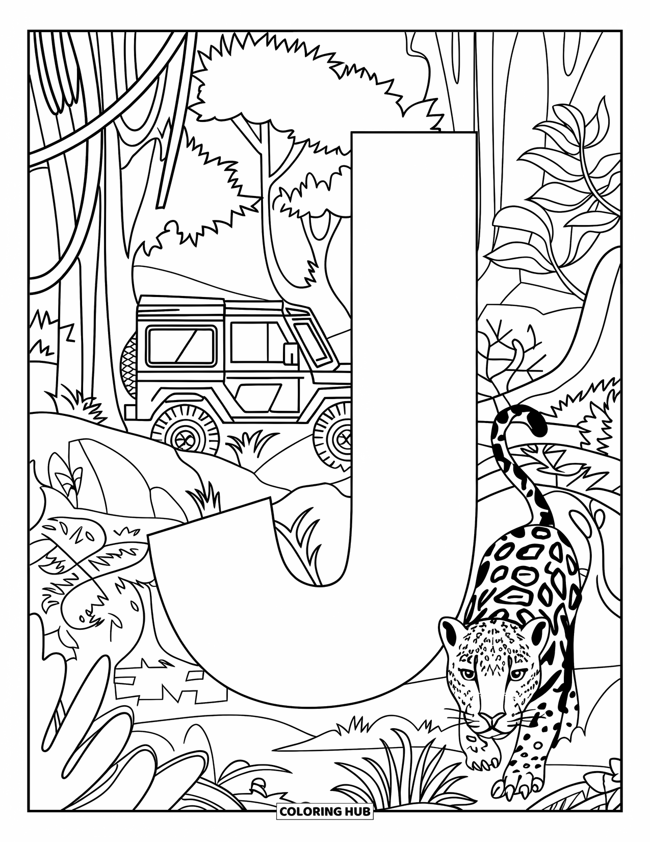 Letter J Coloring Page for Kids: Letter J in a jungle scene with a jeep, trees, and a peeking jaguar