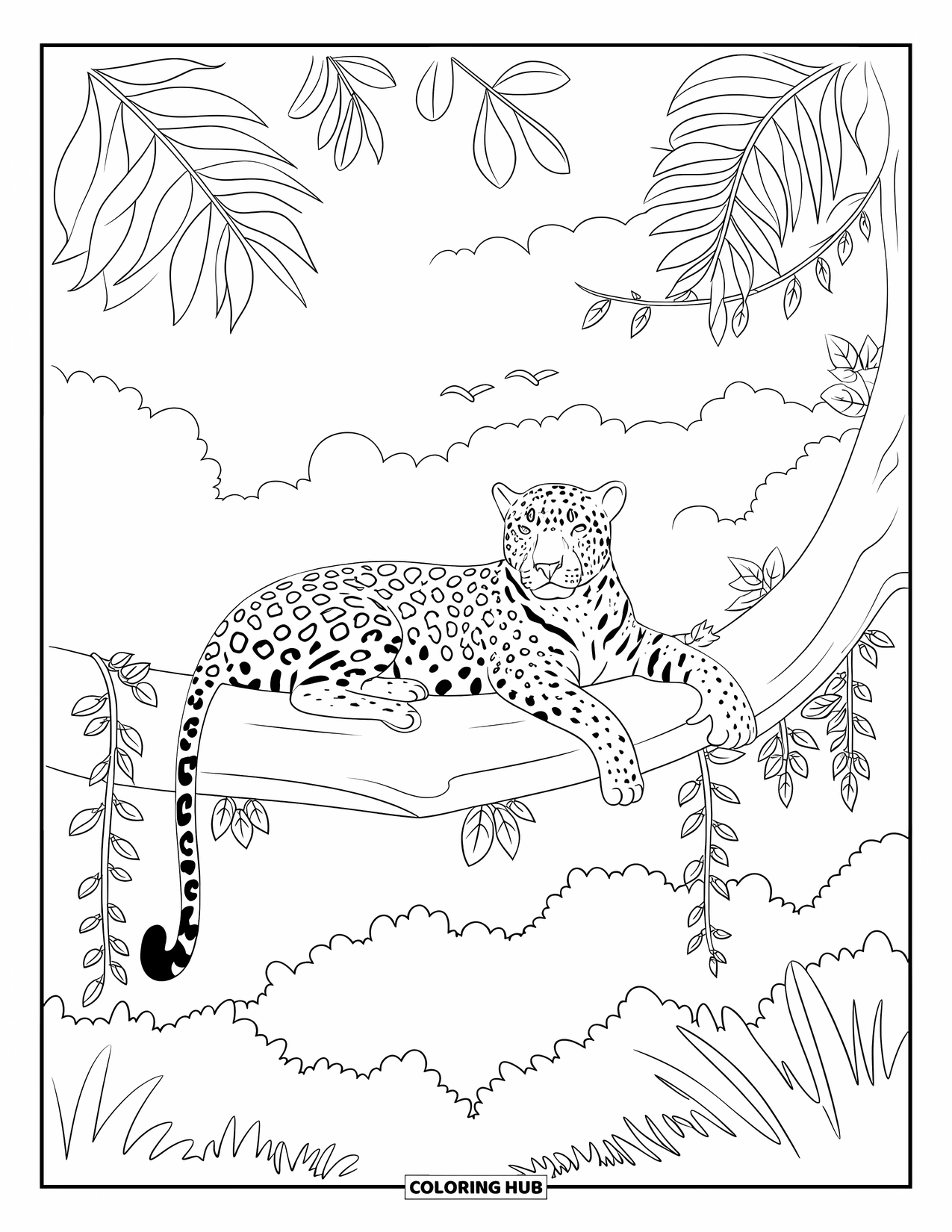 Letter J Coloring Page for Kids: Relaxed jaguar lying on a jungle tree branch with birds and leafy vines