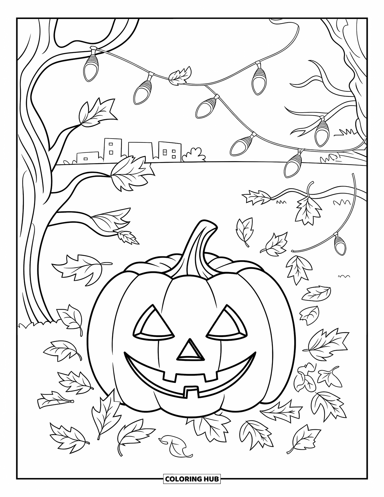 Letter J Coloring Page for Kids: Smiling jack-o'-lantern surrounded by scattered leaves and twinkling hanging lights