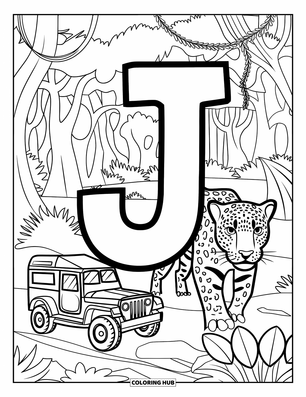 Letter J Coloring Page for Kids: Stylized J with jungle vines, a jeep, and a watchful jaguar nearby