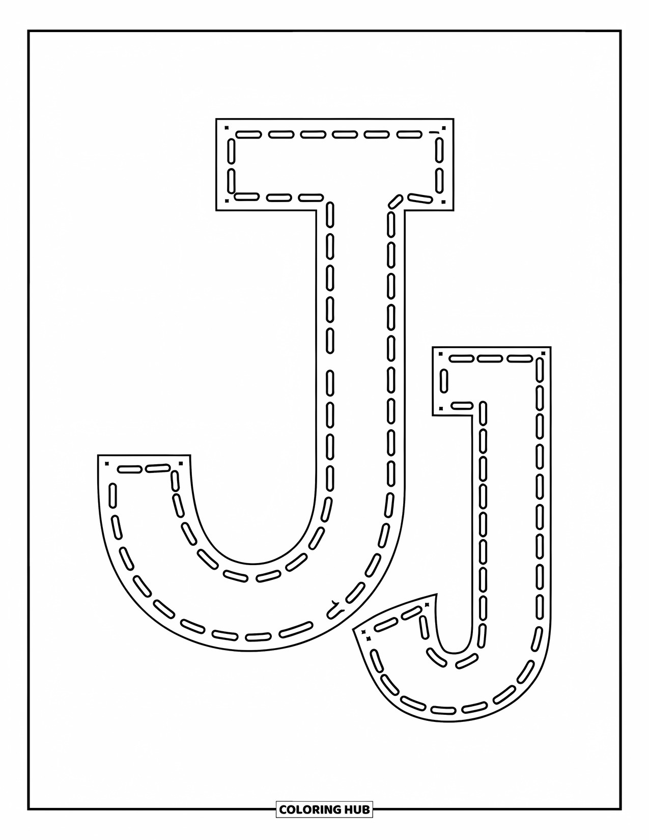 Letter J Coloring Page for Kids: Traceable big J and little j in a cheerful dotted style