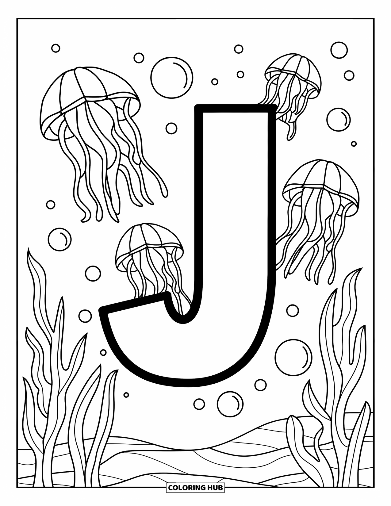 Letter J Coloring Page for Kids: Underwater scene with jellyfish, seaweed, and a big letter J