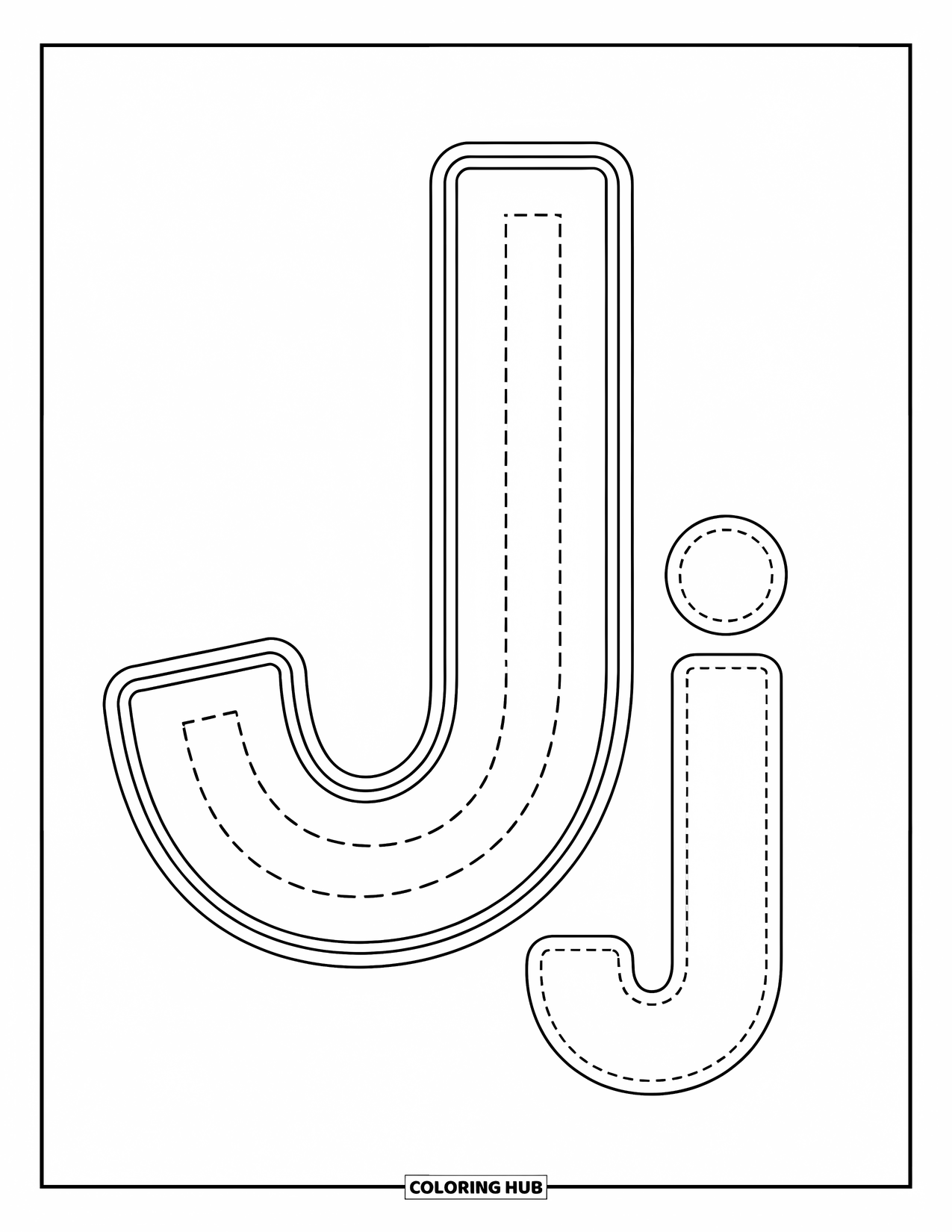 Letter J Coloring Page for Kids: Uppercase J and lowercase j with dotted lines for tracing fun