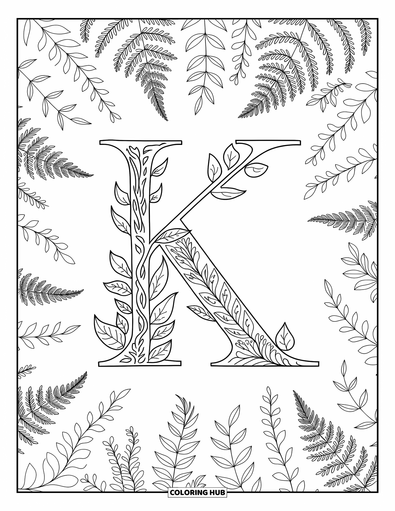 Letter K Coloring Page for Adults: A leafy mandala of ferns and eucalyptus surrounds the letter K