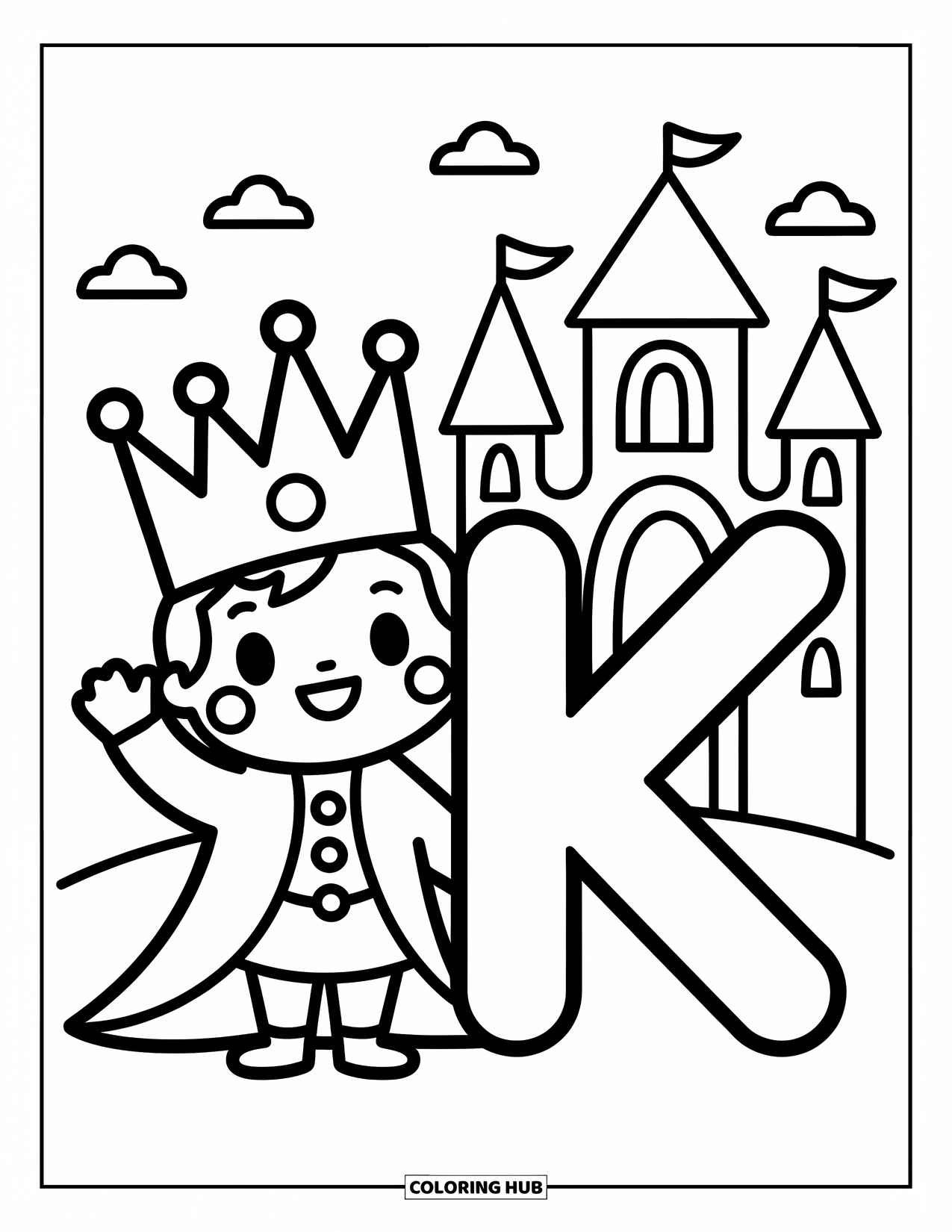 Letter K Coloring Page for Adults: A smiling king waves beside the regal letter K and his tiny castle