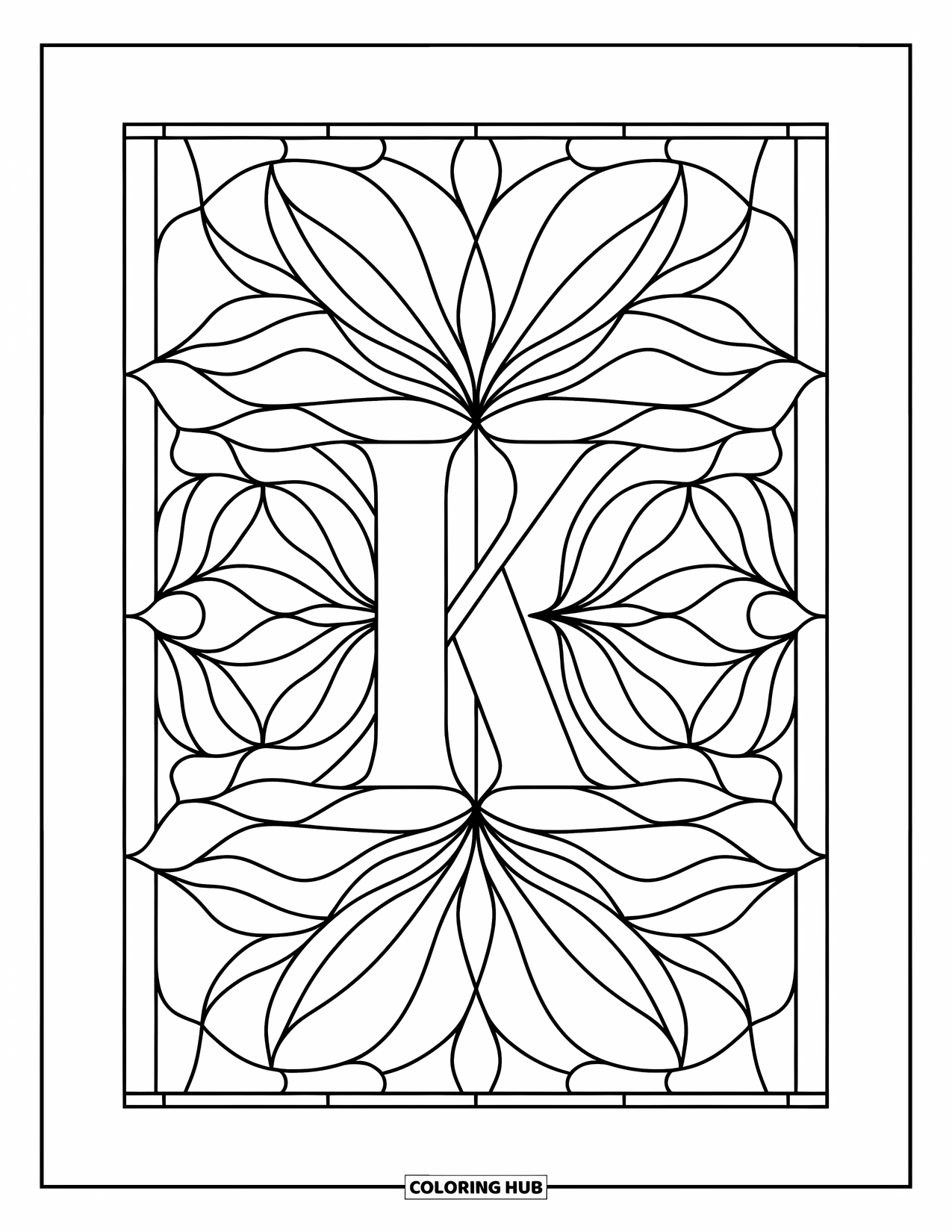 Letter K Coloring Page for Adults: A stained glass leaf pattern wraps around the letter K