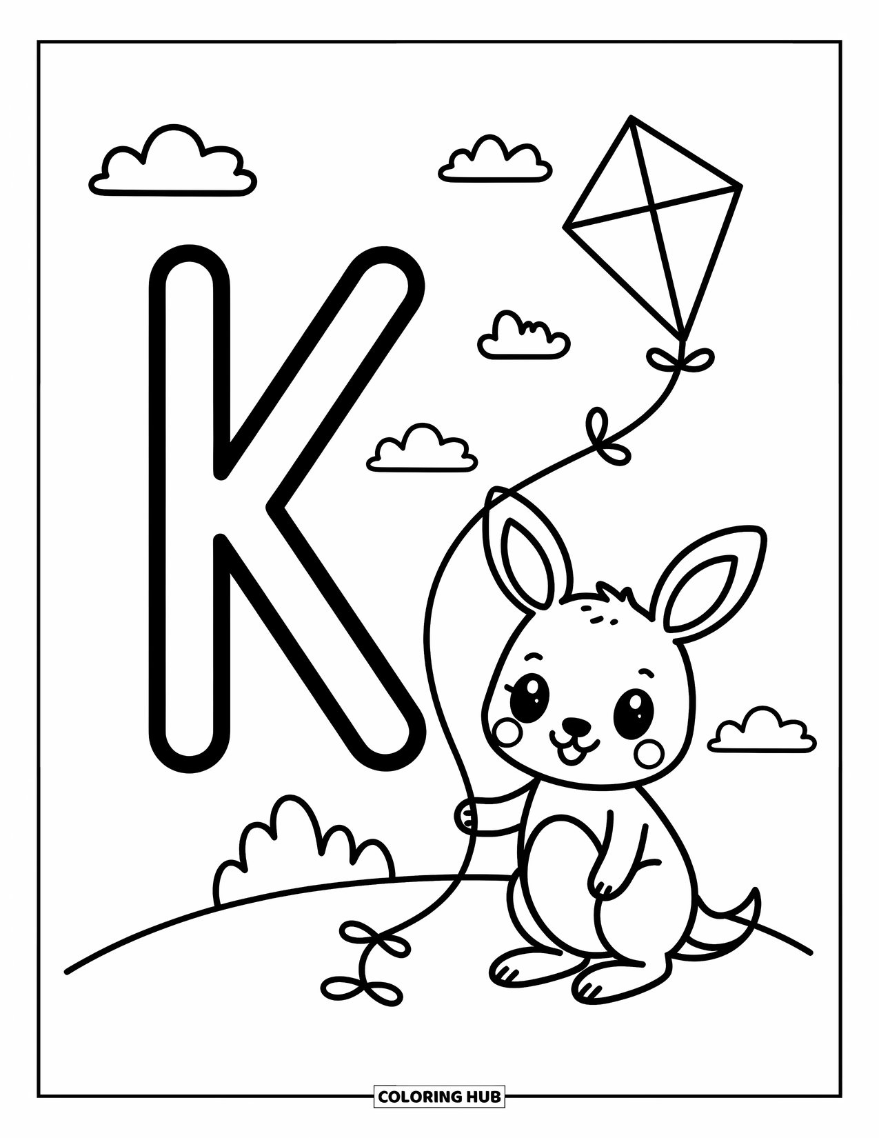 Letter K Coloring Page for Adults: An adorable kangaroo holds a kite next to the letter K