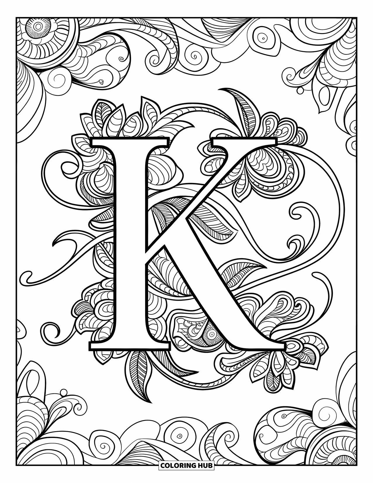 Letter K Coloring Page for Adults: Curly vines and flowers dance around the letter K
