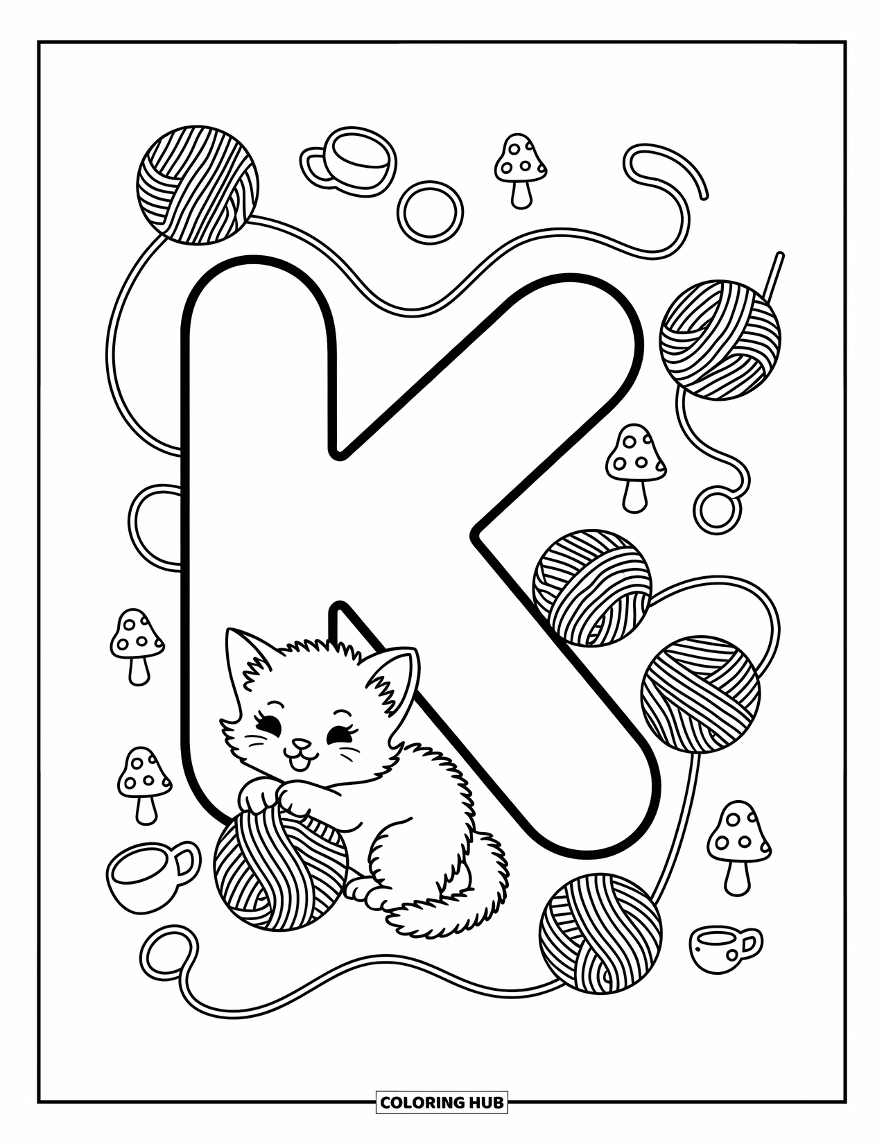 Letter K Coloring Page for Adults: Cute kitten curls near K, pawing happily at a ball of yarn