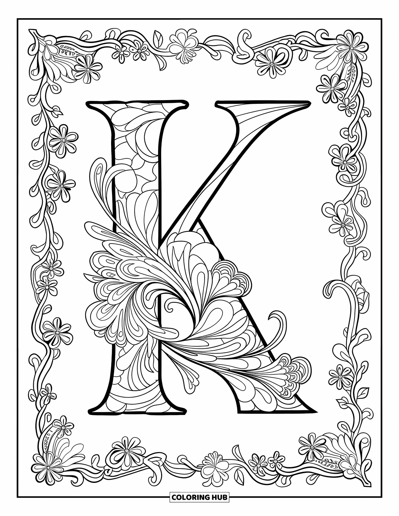 Letter K Coloring Page for Adults: Delicate vines and florals flow around a bold letter K