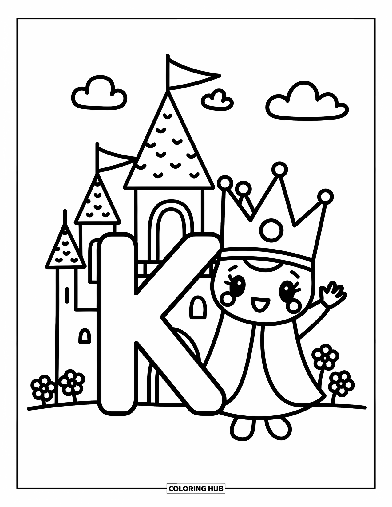 Letter K Coloring Page for Adults: Friendly king waves beside the letter K and a magical castle