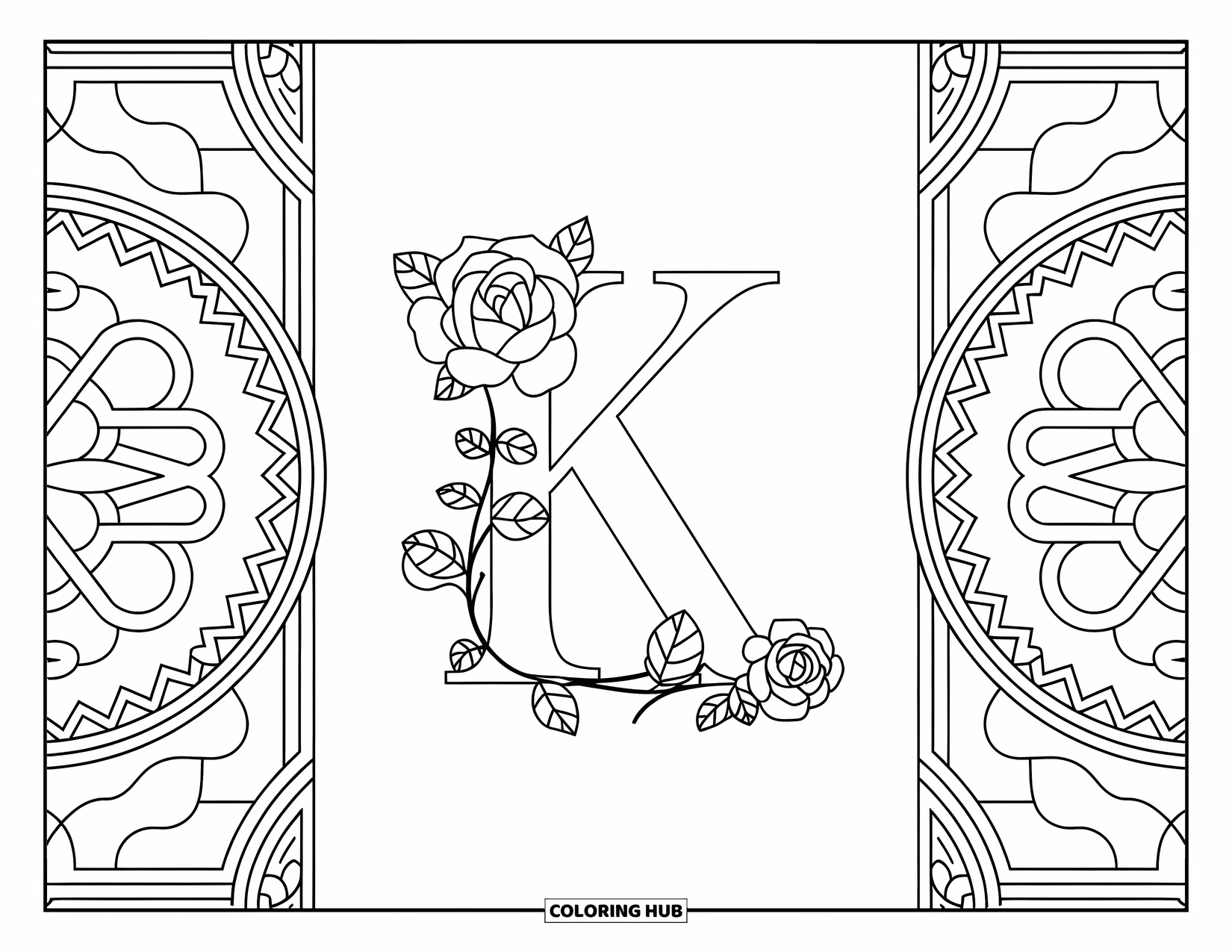 Letter K Coloring Page for Adults: Intricate rose and ivy designs curl around the letter K